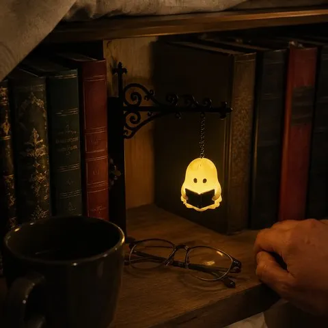 Glowing reading ghost bookshelf light beside a mug and reading glasses