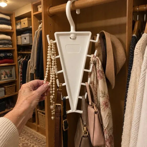 White organizer holding pearl necklaces, scarves, hats, belts and handbags in a warm closet