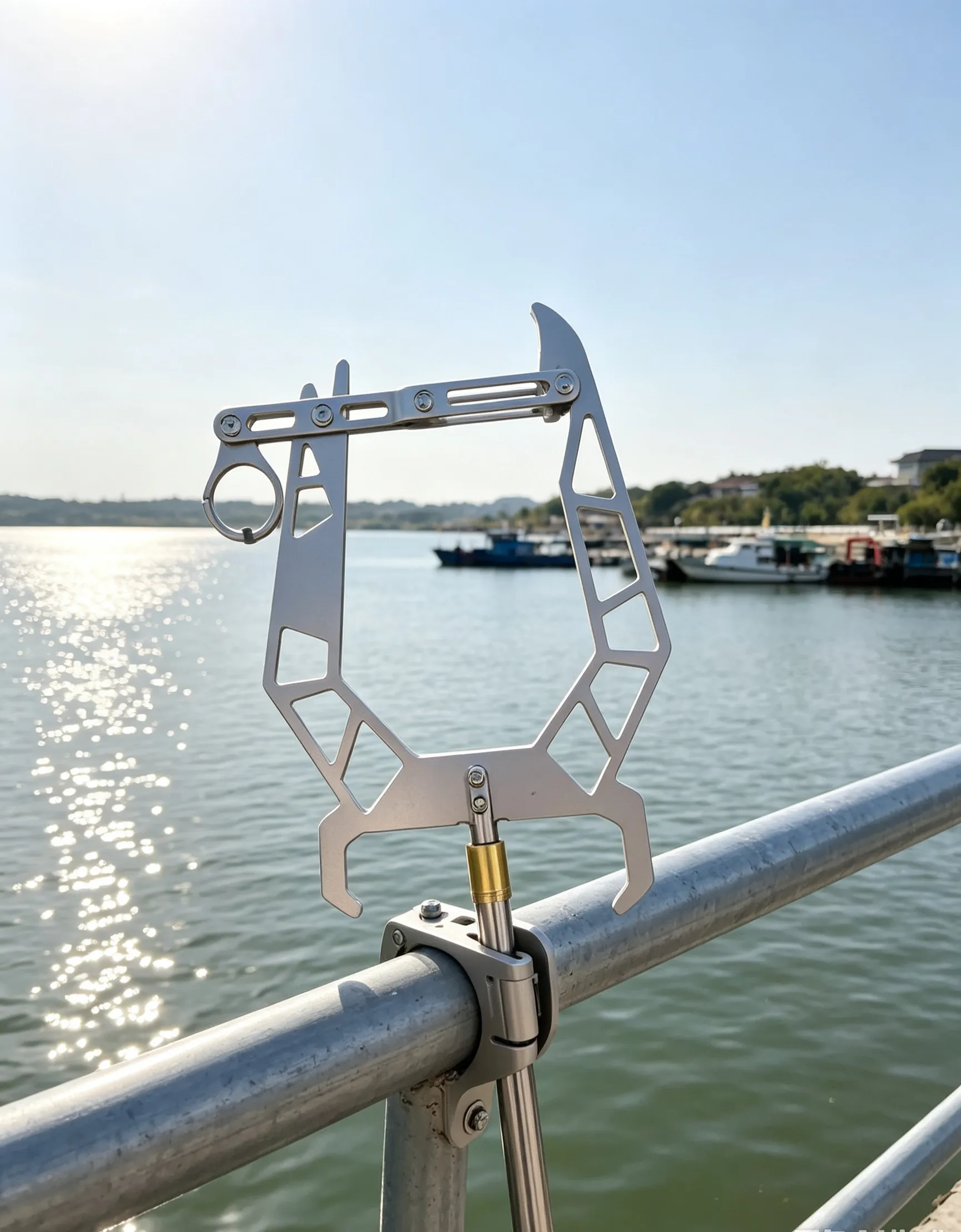 Boater using a stainless steel mooring hook near a buoy