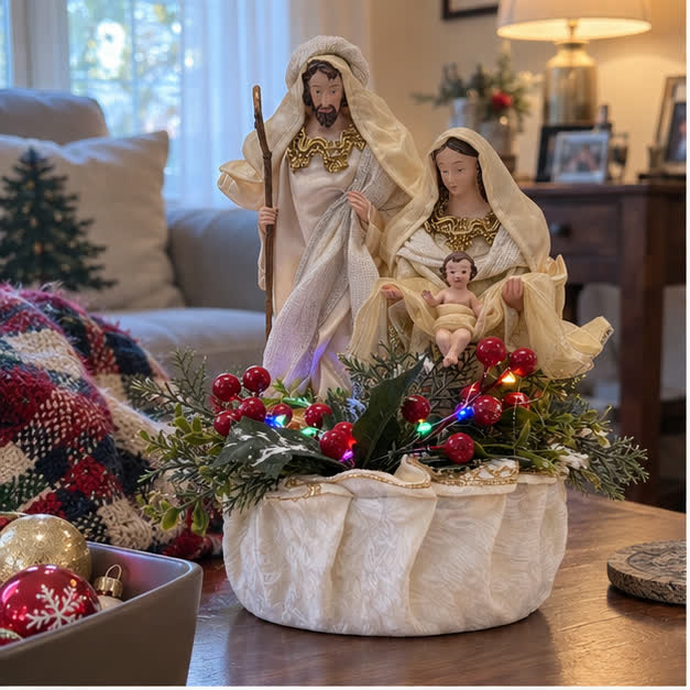 White Holy Family nativity on a casual family-room side table
