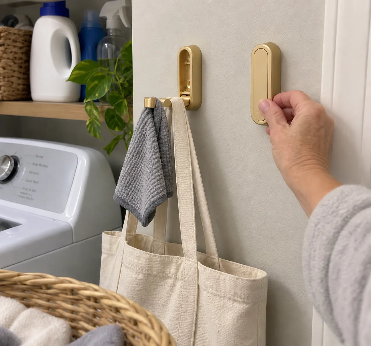 Gold folding hook holding a tote and cloth in a laundry room