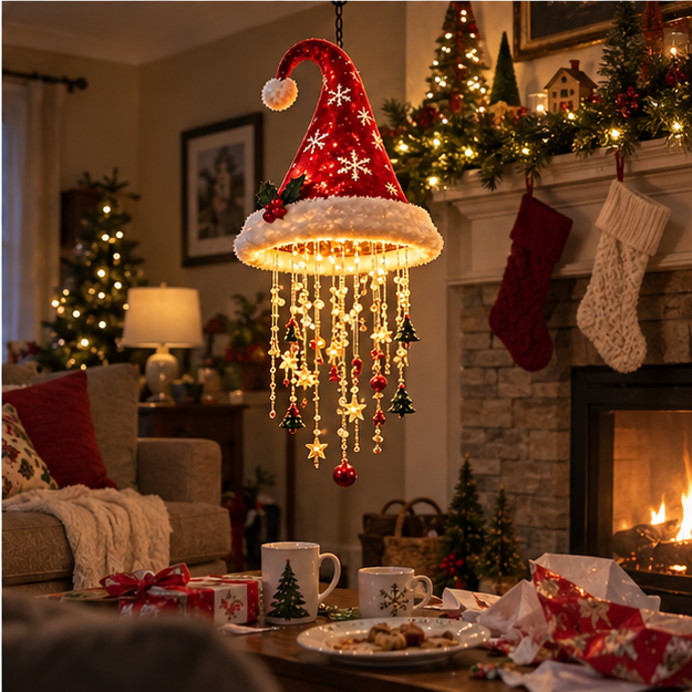 Santa hat chandelier in a lived-in holiday living room