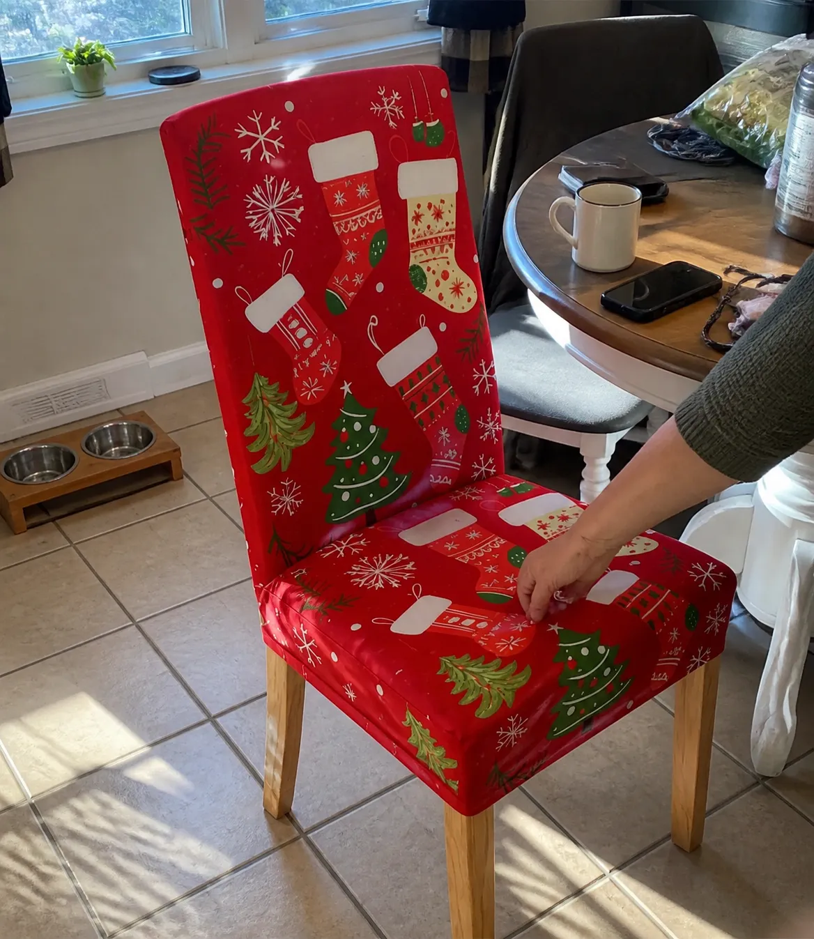 Holiday chair cover in a casual kitchen