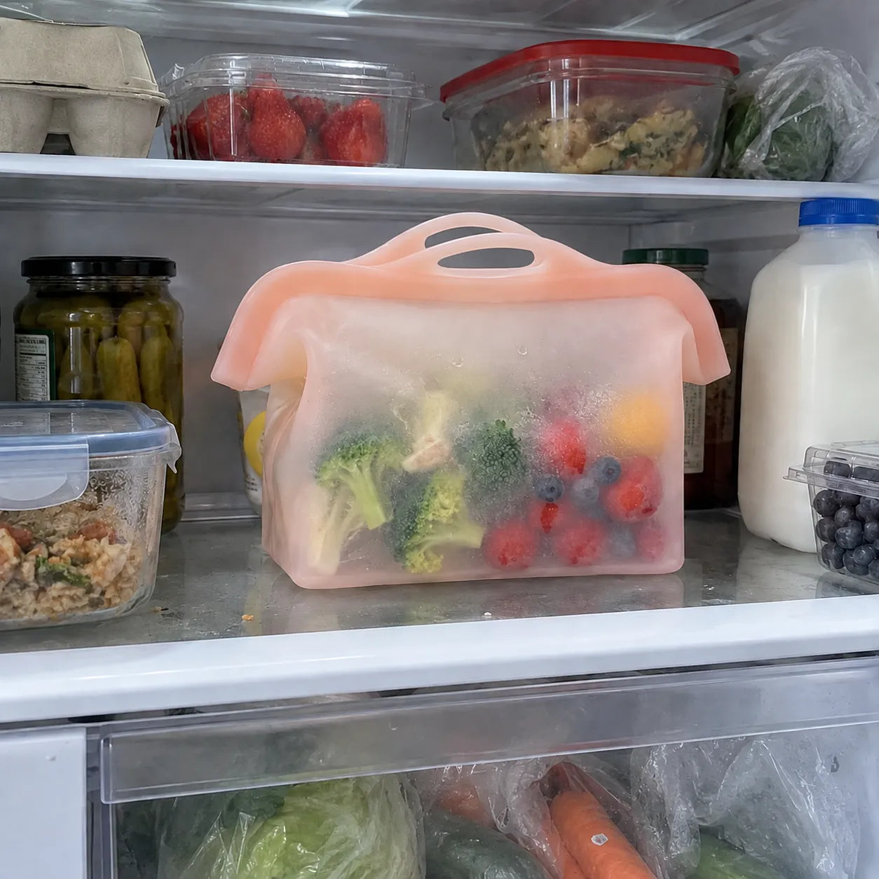 Silicone storage bag standing upright with produce on a refrigerator shelf
