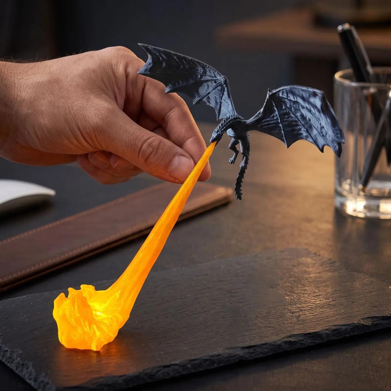 Close view of the dragon flame decoration in a home setting