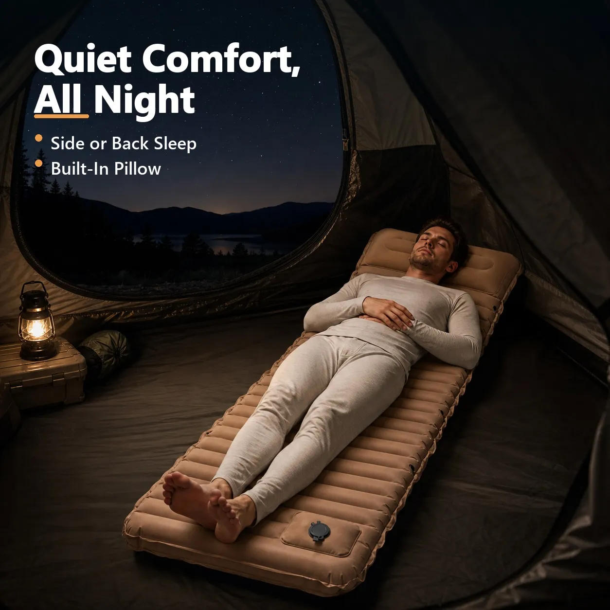 Quiet night sleep on the camping mattress inside a tent