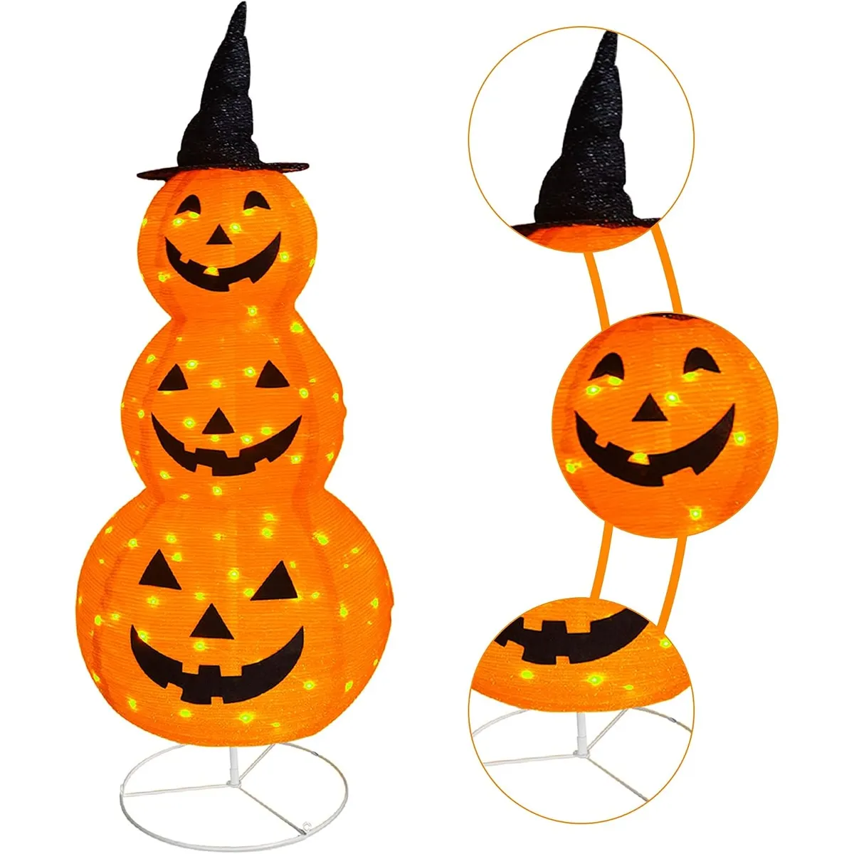 Close details of the witch hat, smiling faces, and round stand