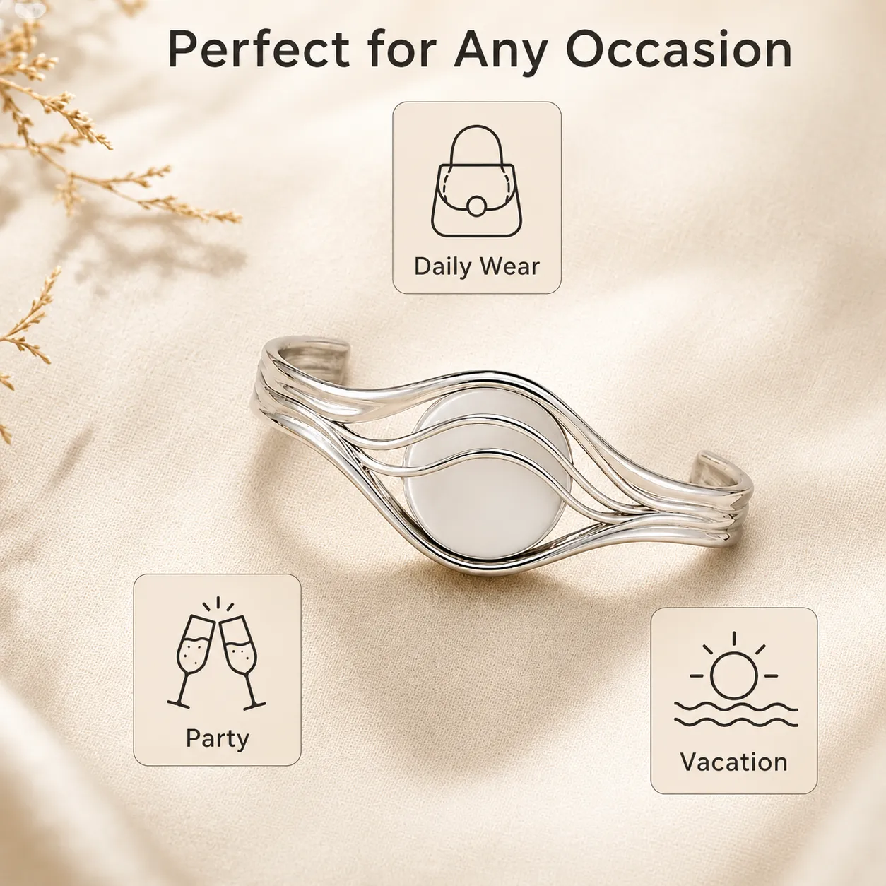 Silver sensor bracelet shown for daily wear, parties, and vacations