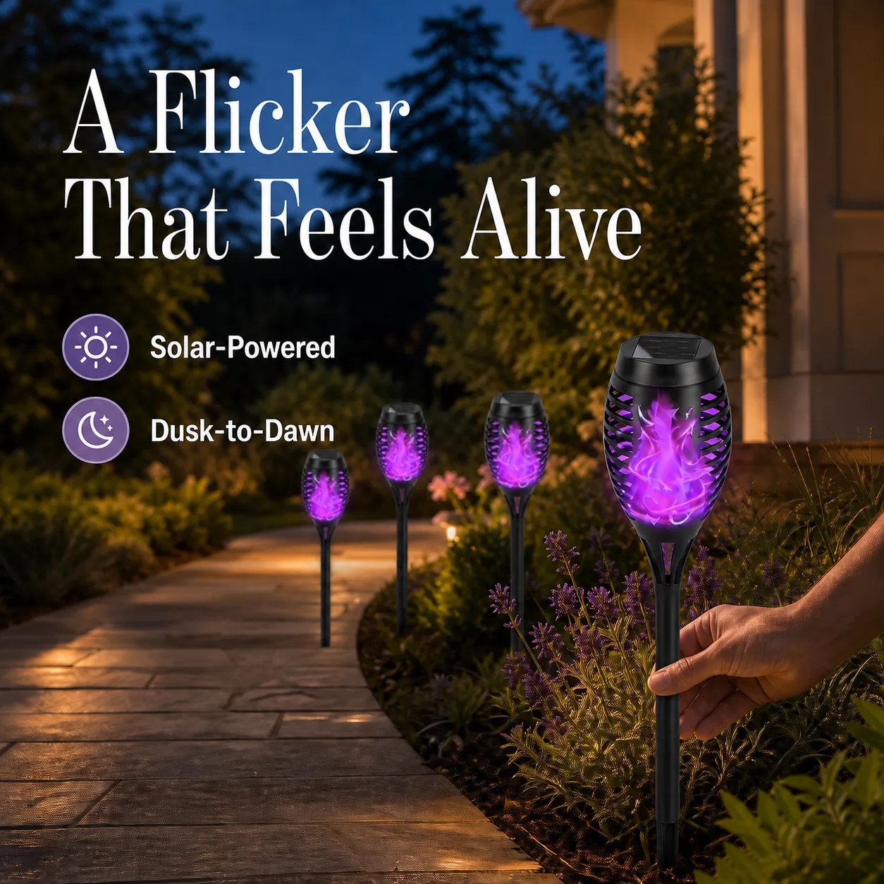 Purple solar flame torches lighting a garden walkway