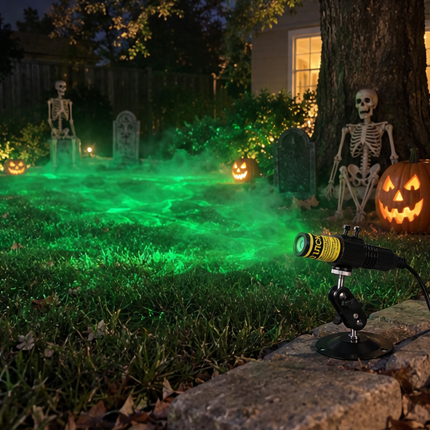 Finished Halloween yard with green moving fog effect