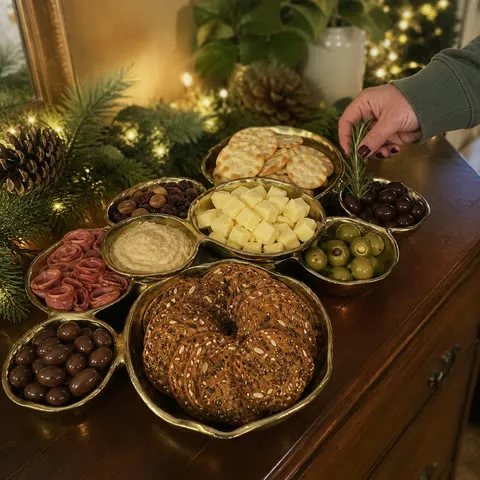 Connected gold centerpiece styled for a holiday gathering