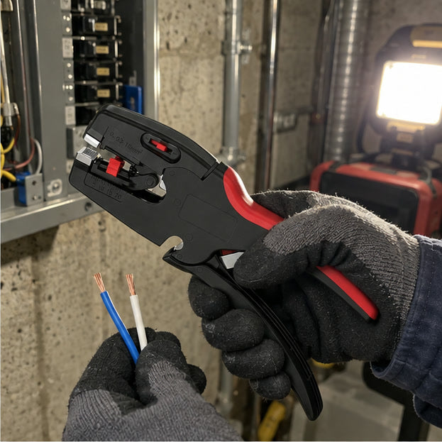 Gloved hands holding the wire stripper in a utility room