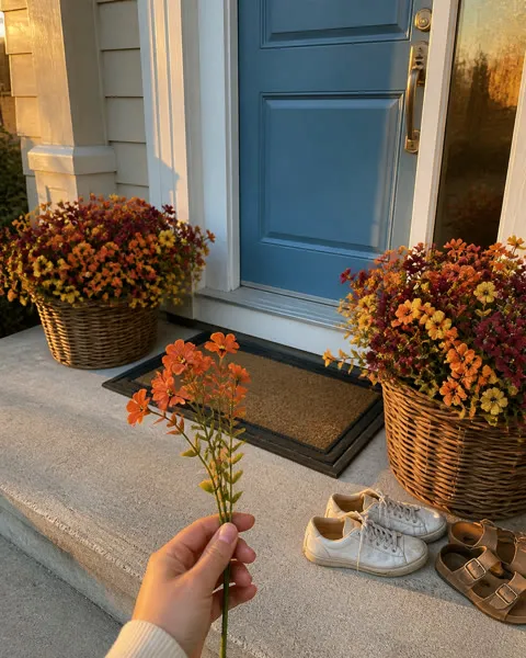 Two wicker porch planters filled with artificial fall flowers
