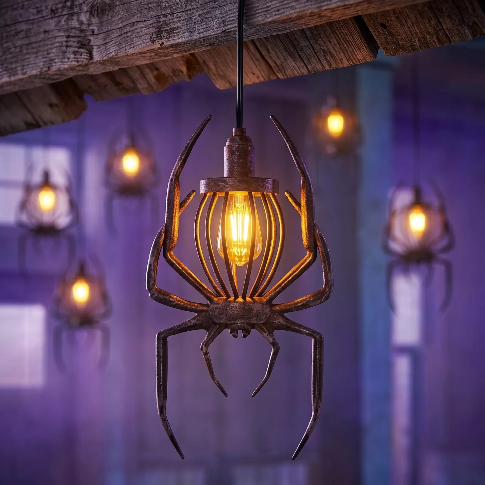 Close view of the spider light and its hanging cord