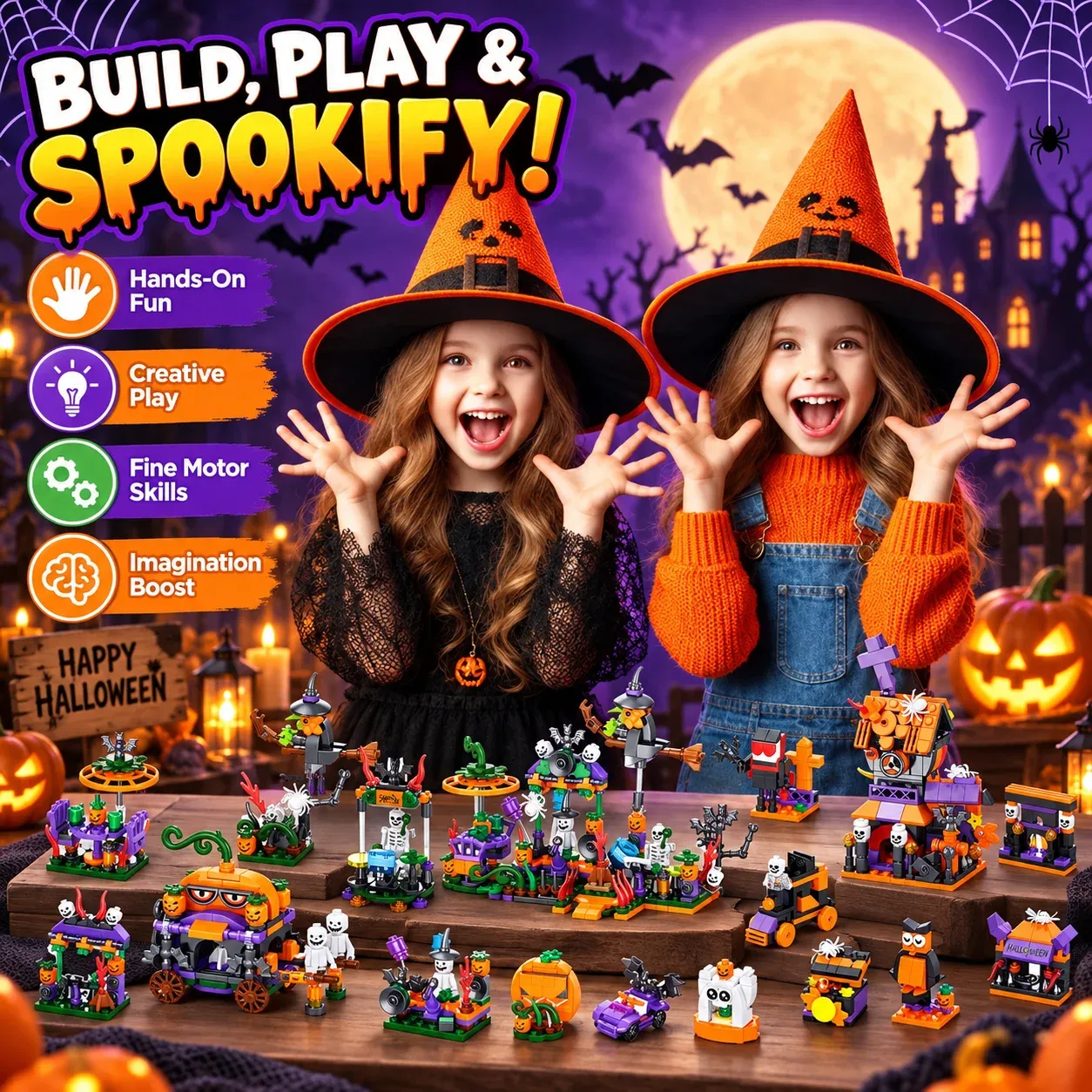 Kinder genießen das Spielen mit Halloween-Bausteinen