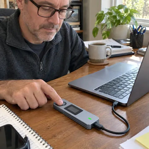 Customer using the fingerprint SSD enclosure at a home office desk