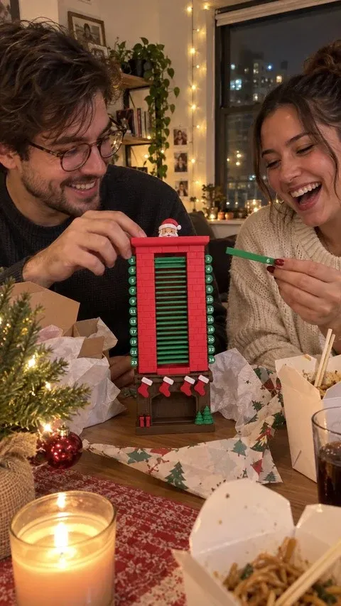 Roommates opening a Santa chimney countdown gift
