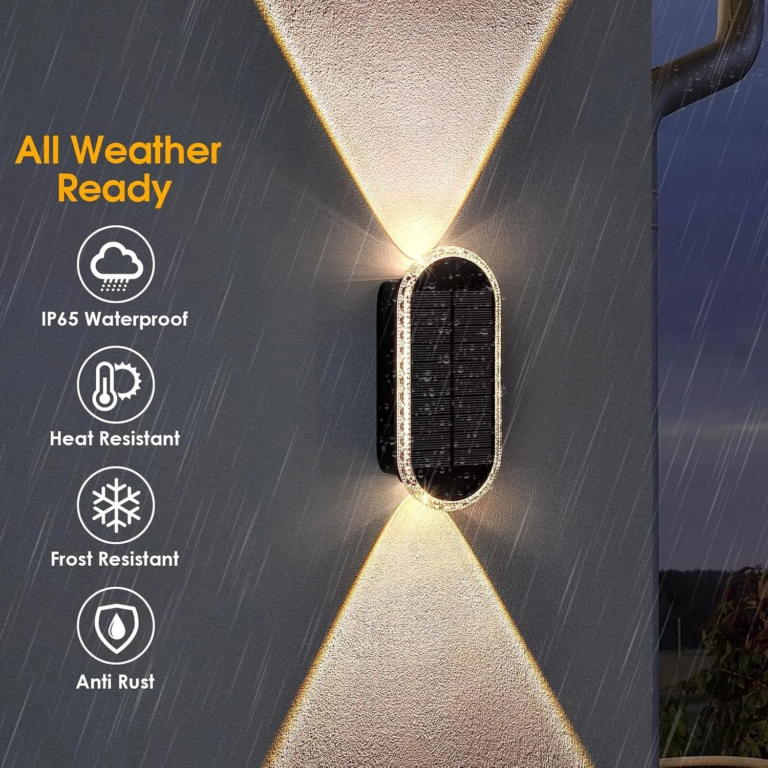 Outdoor wall light shown in rain