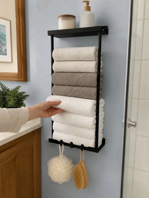 Neatly organized towels in a bright guest bathroom