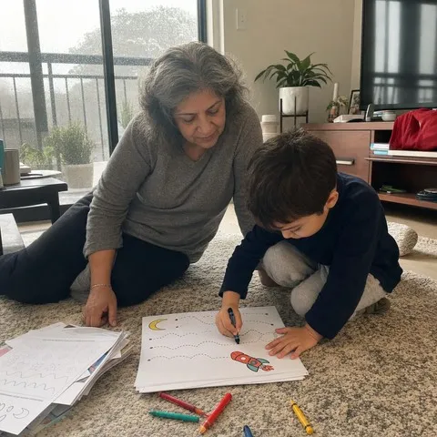 A grandmother and grandson practicing a tracing activity on the living-room floor