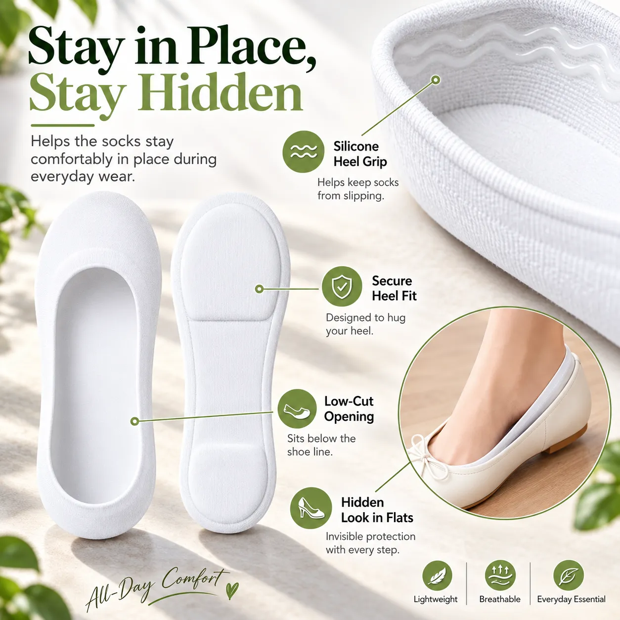 Low-cut opening and silicone heel grip details