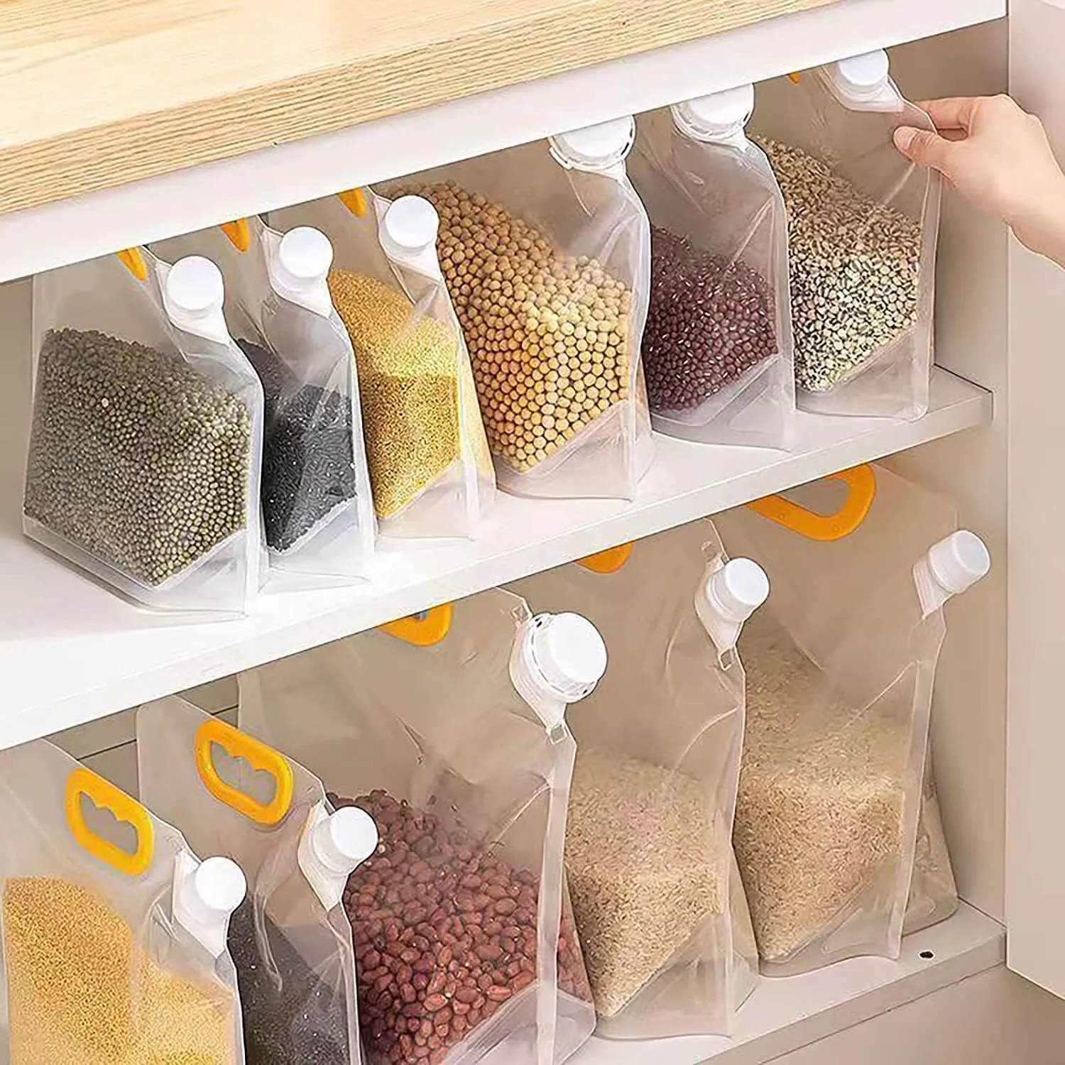 Organized pantry using clear handled storage pouches