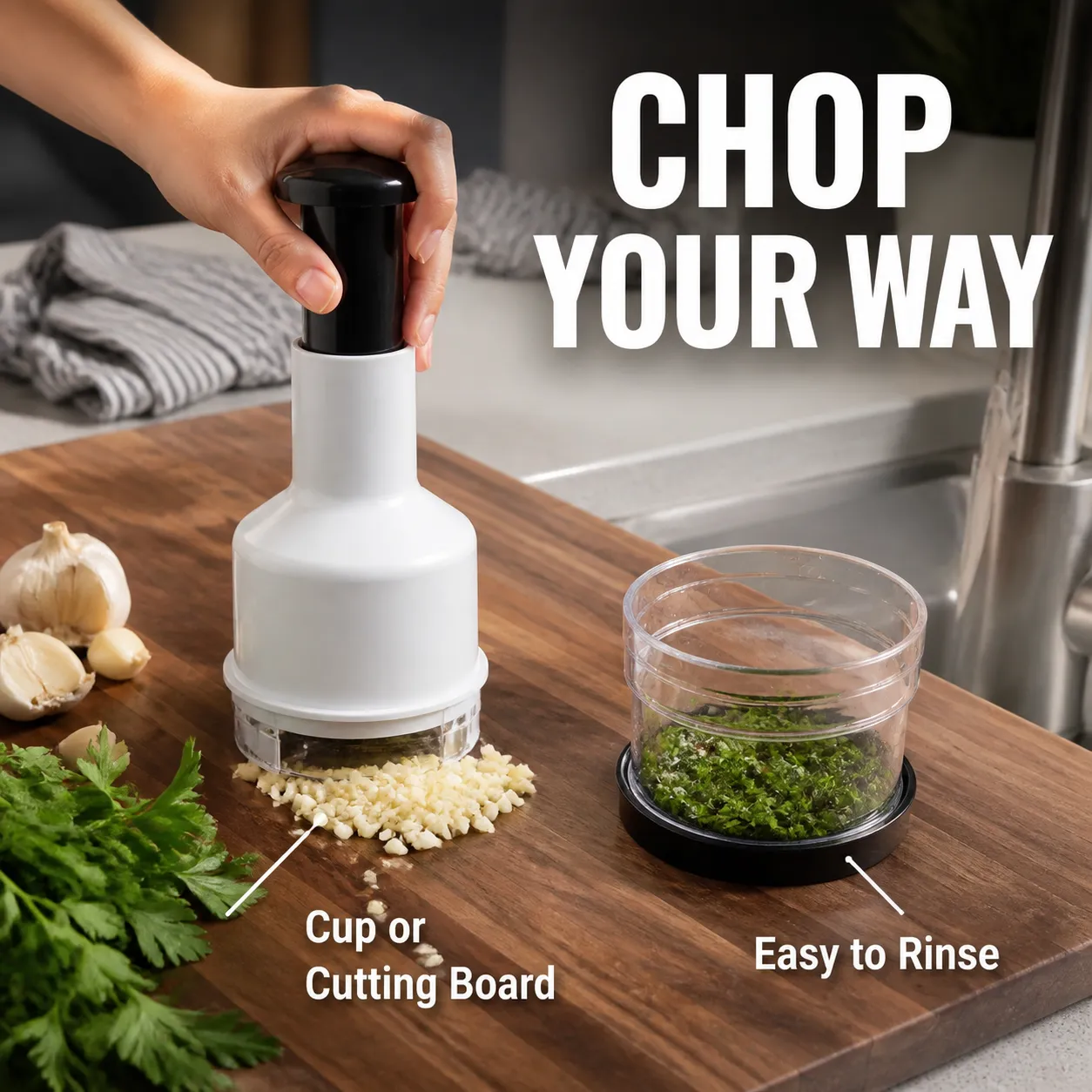 Manual chopper used on a cutting board beside its clear collection cup