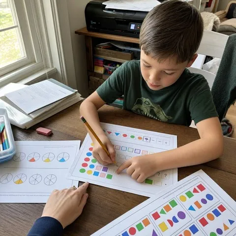 A child completing a printed pattern worksheet at a home study desk