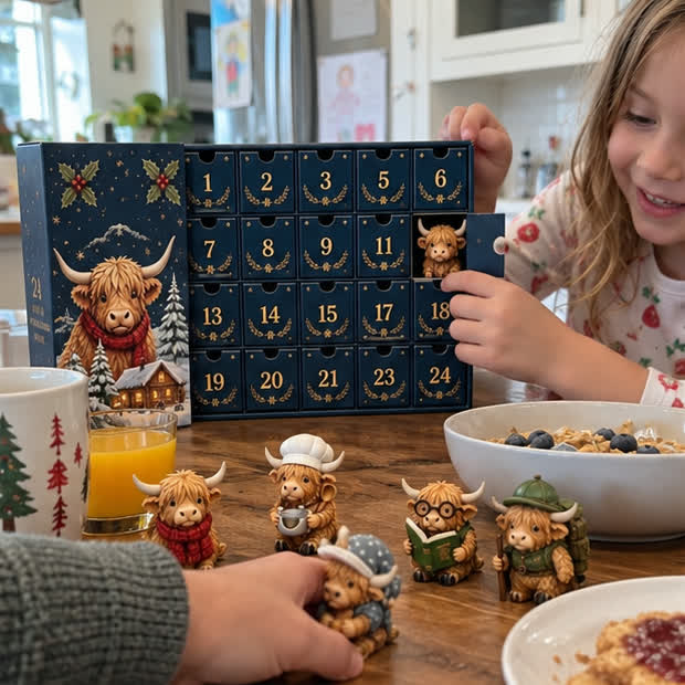 Family opening a Highland cow advent-calendar drawer at breakfast