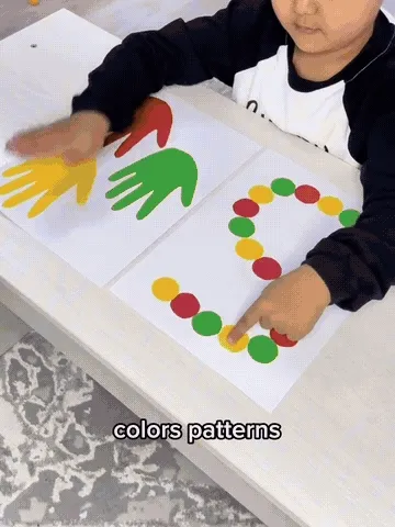 A child completing a colorful visual pattern activity