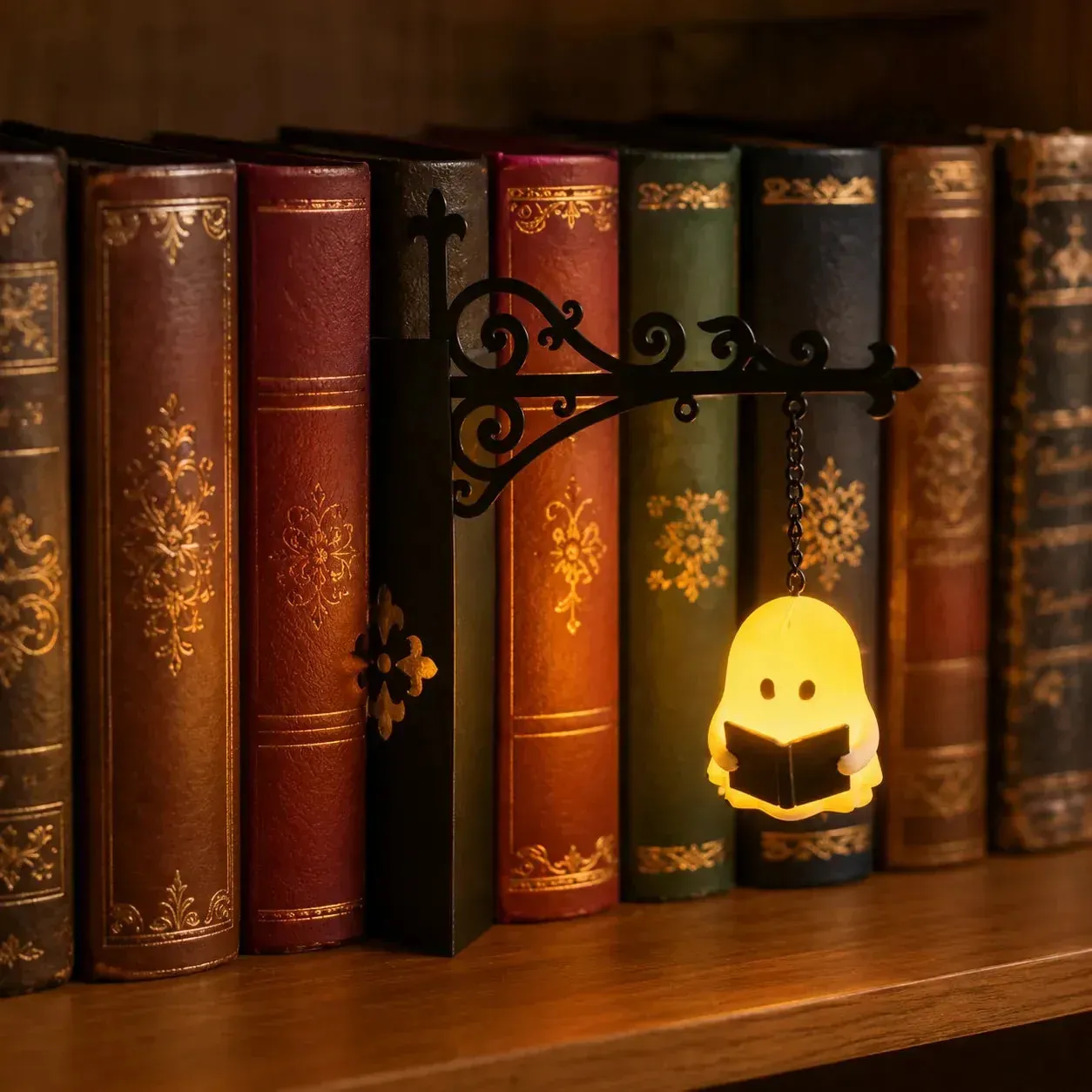 Close view of the glowing reading ghost holding a book