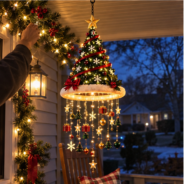Christmas tree chandelier glowing on a covered porch