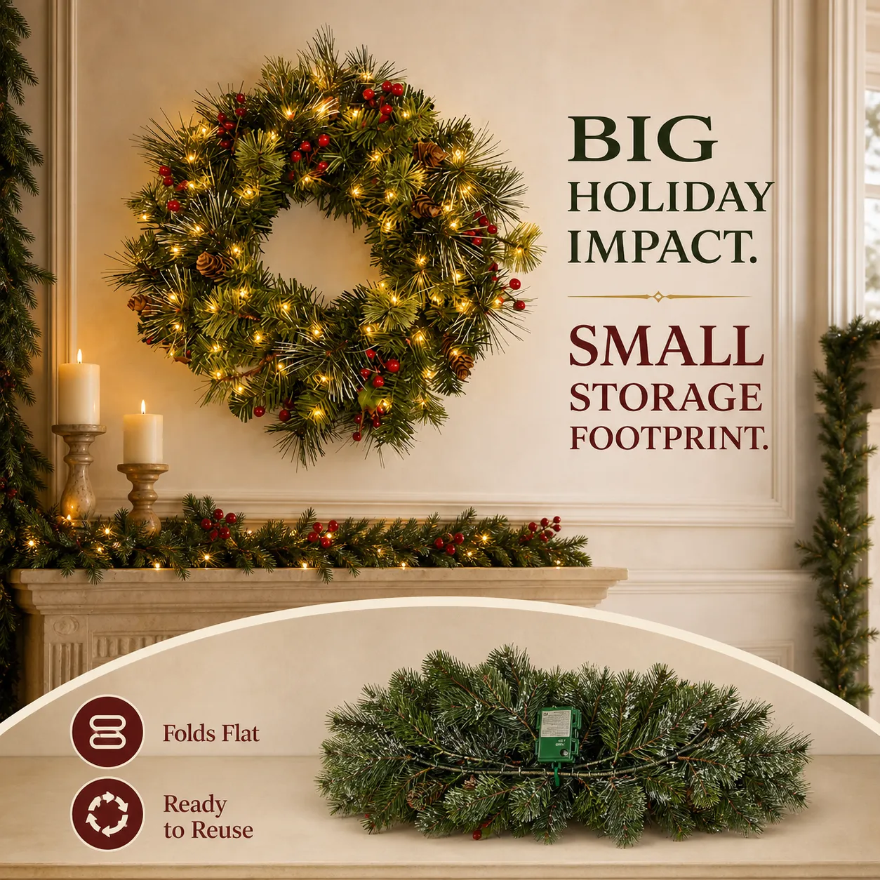 Wreath shown full and folded for storage