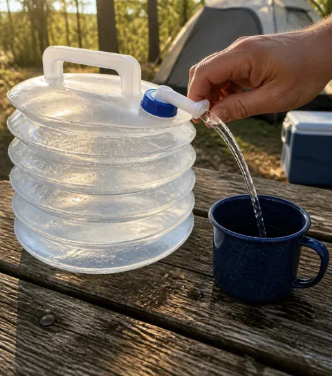 Water container pouring into a camp mug