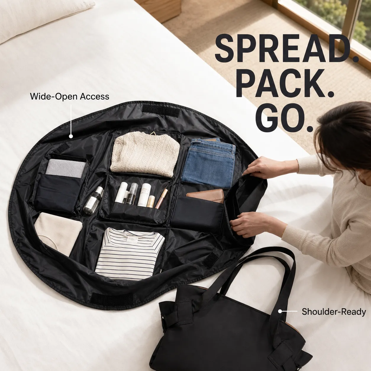 Black convertible tote spread open for organized travel packing