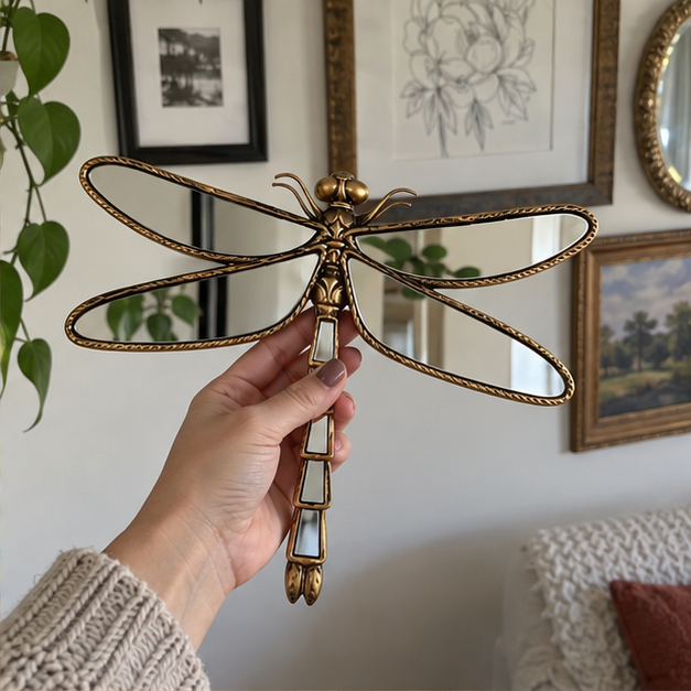 Hand holding the dragonfly mirror near a gallery wall