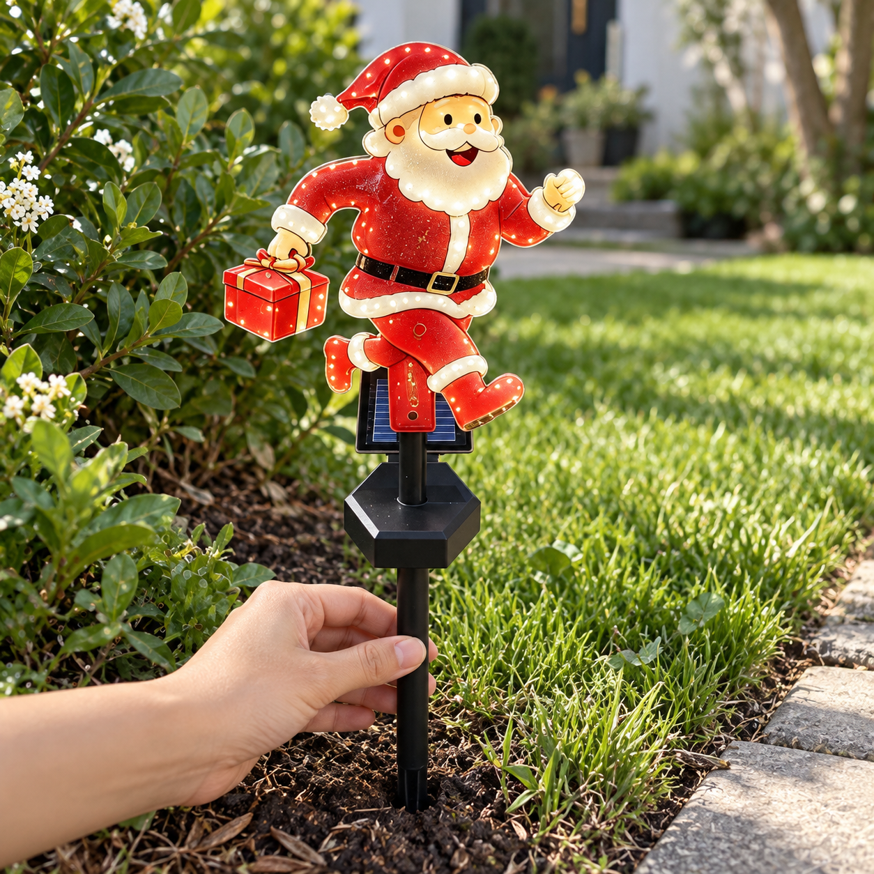 Hand touching the visible stake beneath the base in garden soil