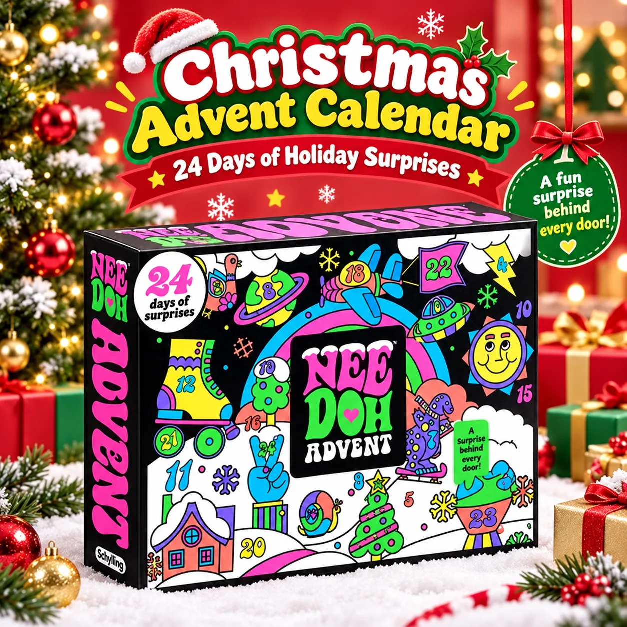 24-day mini squishy advent calendar in a Christmas setting