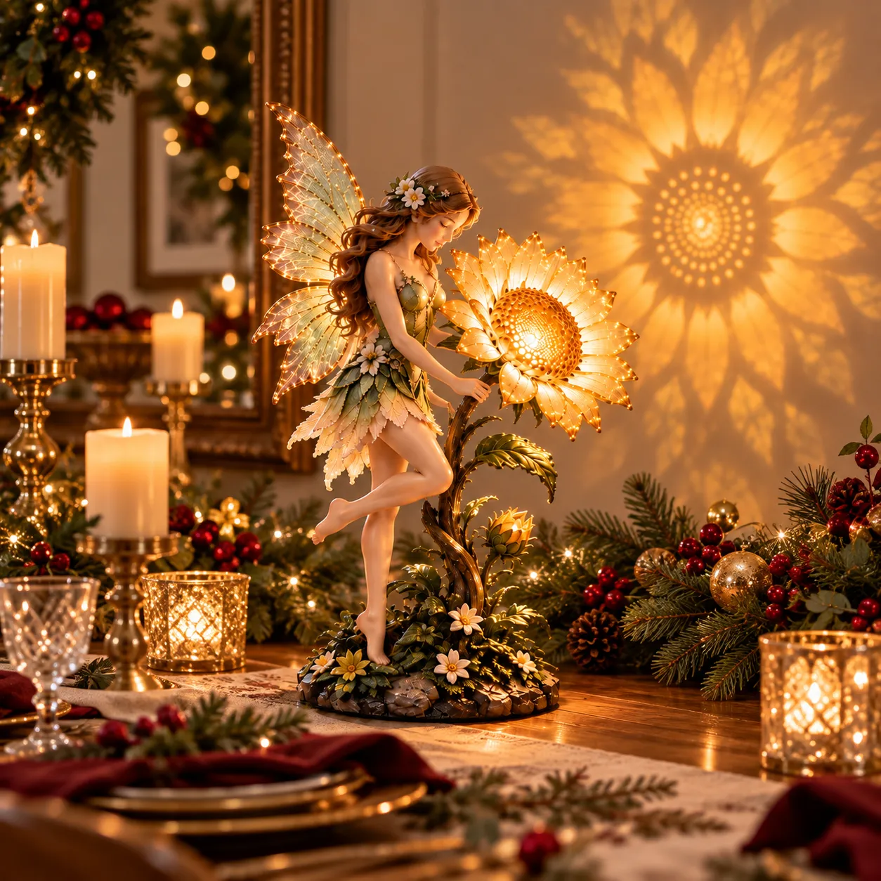 Fairy sunflower lamp styled on a holiday dining sideboard