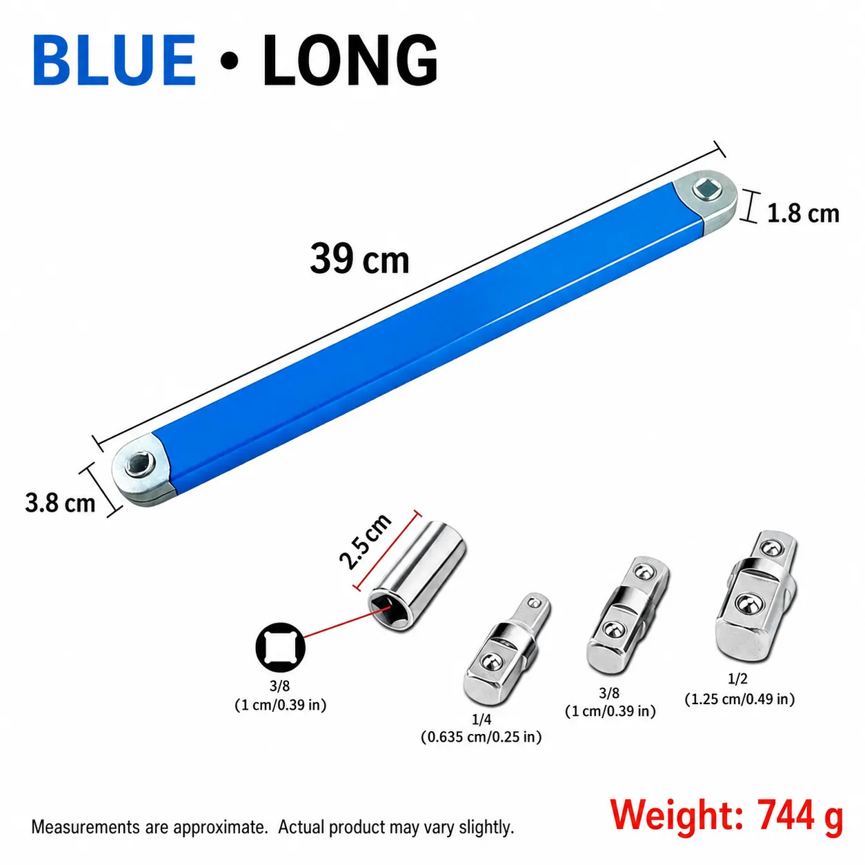 Blue long offset extension wrench dimensions and four included adapters