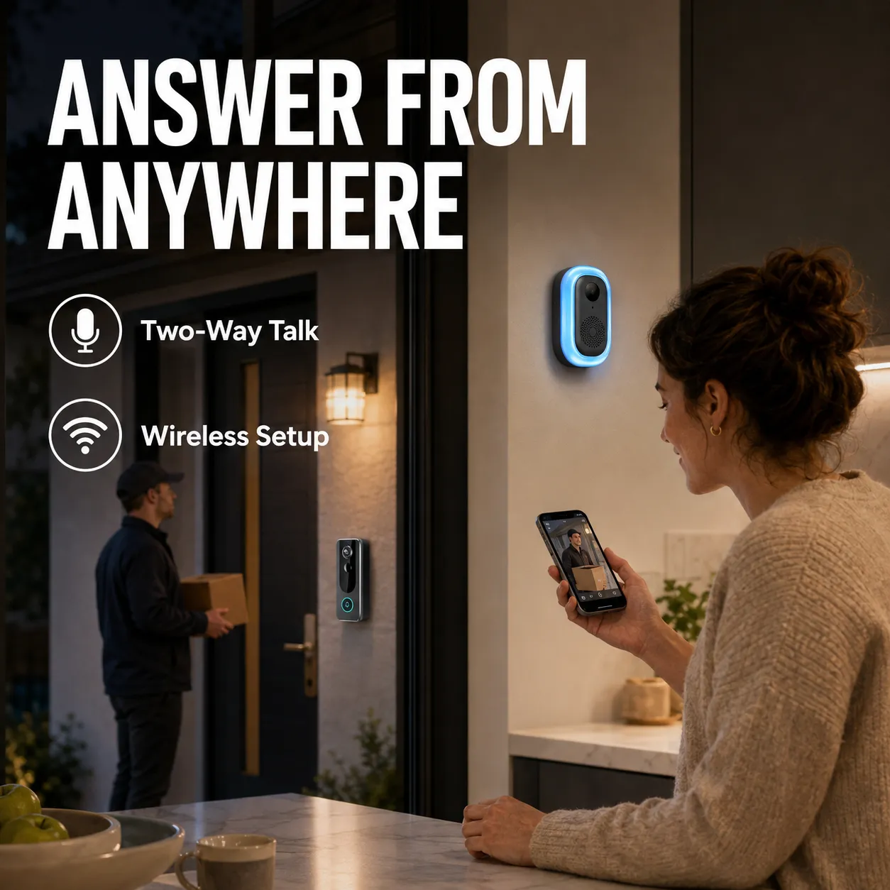 Homeowner using two-way talk with the M20 doorbell