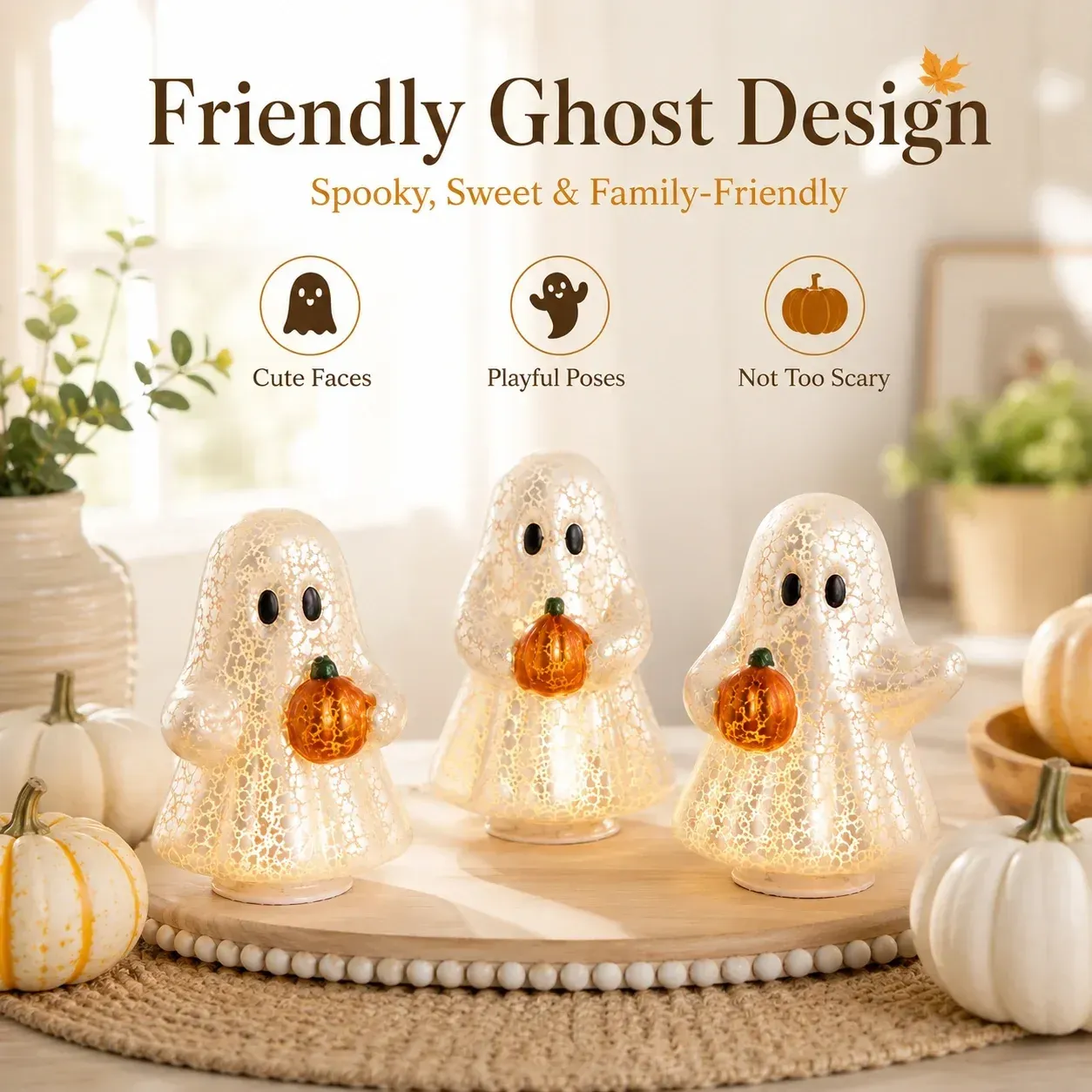 Three friendly glowing ghost figurines in a bright home setting