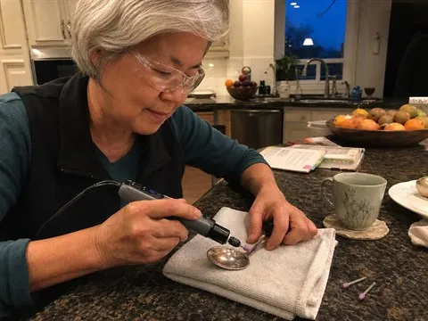 Kitchen polishing project with a silver serving spoon