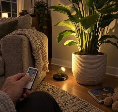 Warm spotlight illuminating a tall houseplant beside a sofa