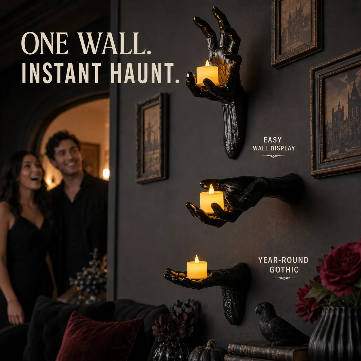 Three glowing black hand sculptures creating an instant haunted wall display