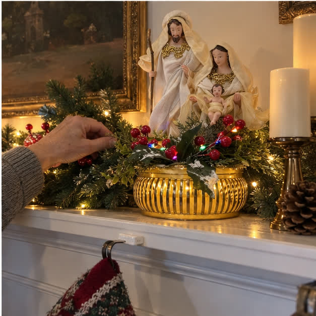 Gold Holy Family nativity on a lived-in apartment mantel