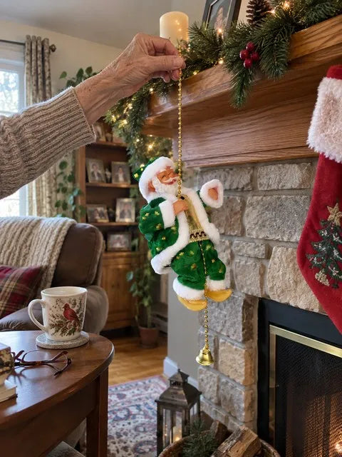 Green climbing Santa near a decorated mantel