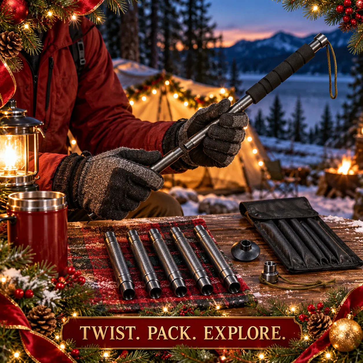 Gloved hands twisting together the trekking pole sections at a winter campsite