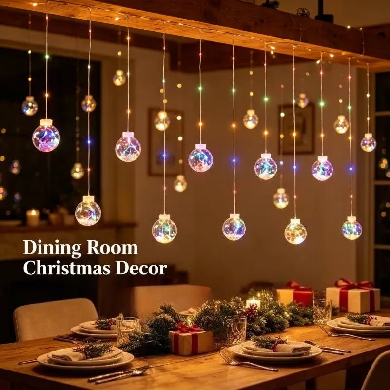 Multicolor crackle globe curtain lights above a Christmas dining table