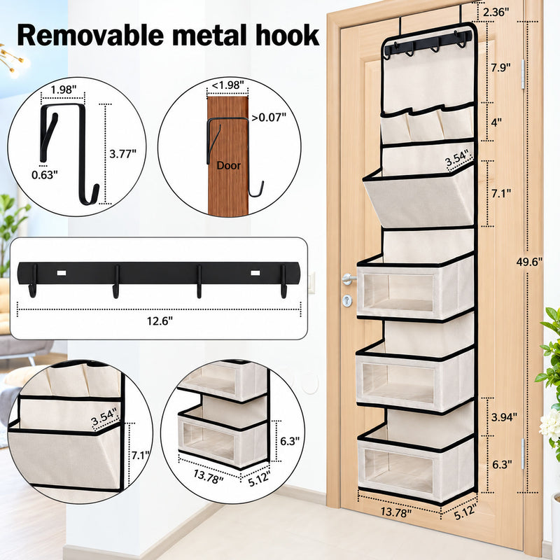 Organizer dimensions and over-the-door hook measurements in inches